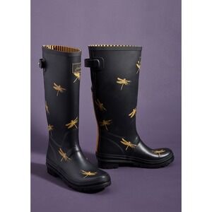 Anthropologie x Joules Molly Welly Black Gold Dragonfly Print Rain Boots Size 8
